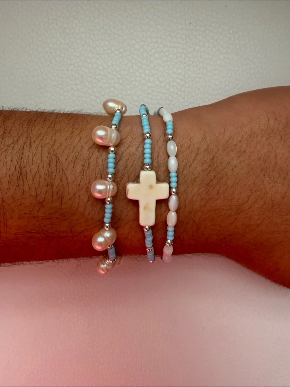 Light Blue Beaded Pearl Cross Bracelet Set